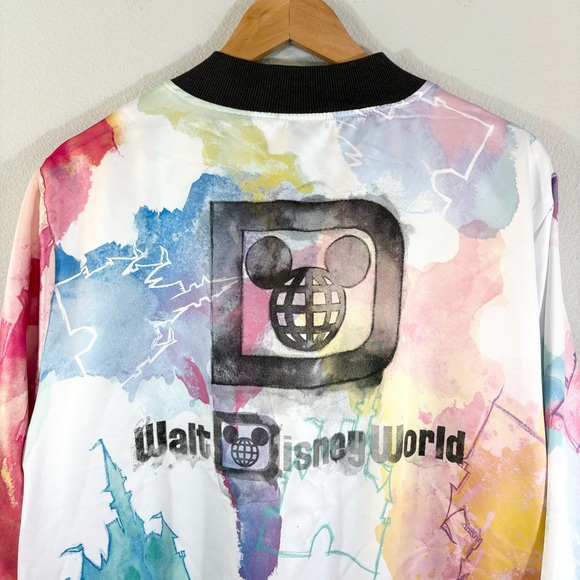 Disney World Satin Bomber Jacket Size 1X Full Zip Watercolor Castle Multicolor - Picture 13 of 13